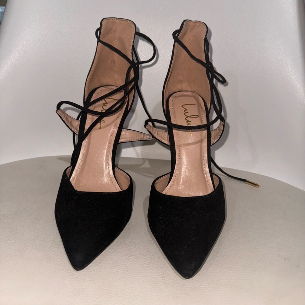 LUNA BLACK SUEDE LACE-UP HEELS